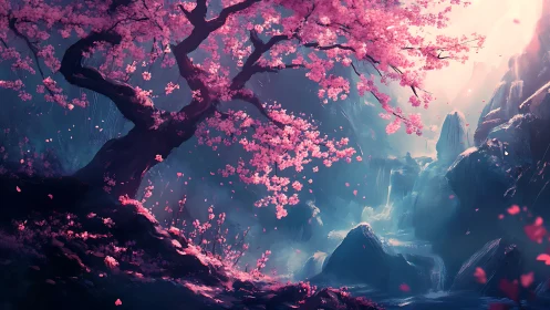 Cherry blossom tree dominates misty valley with waterfalls