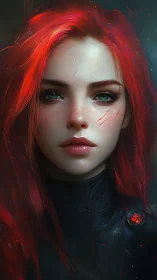 Scarred red-haired warrior portrait under moody teal light.