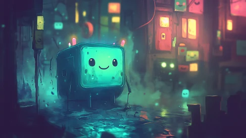 Cute neon robot wanders misty cyberpunk alley at night.