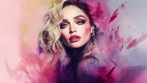 Radiant woman emerging from dreamy pink and purple haze.