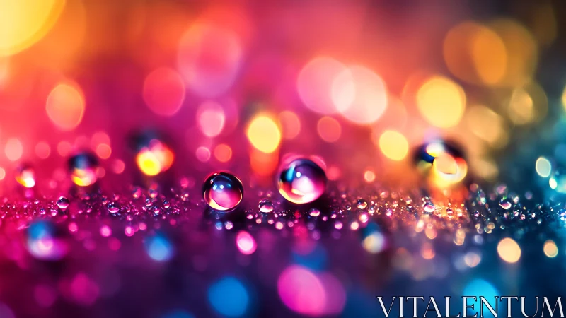 Iridescent water droplets on neon bokeh gradient surface.