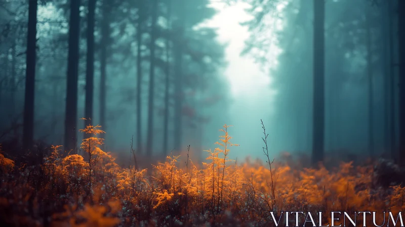 Misty Forest Landscape with Golden Undergrowth and Atmospheric Light.