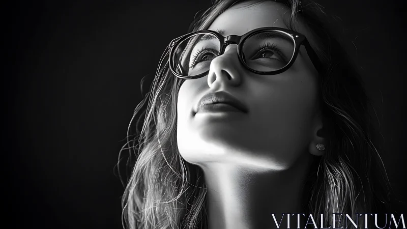 Thoughtful woman gazes upward in dramatic monochrome light
