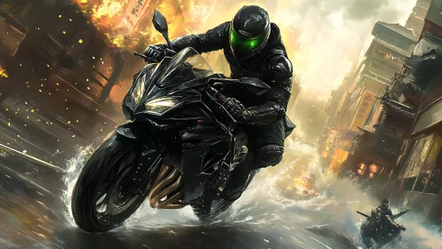 Futuristic street rider carving through neon storm chaos.