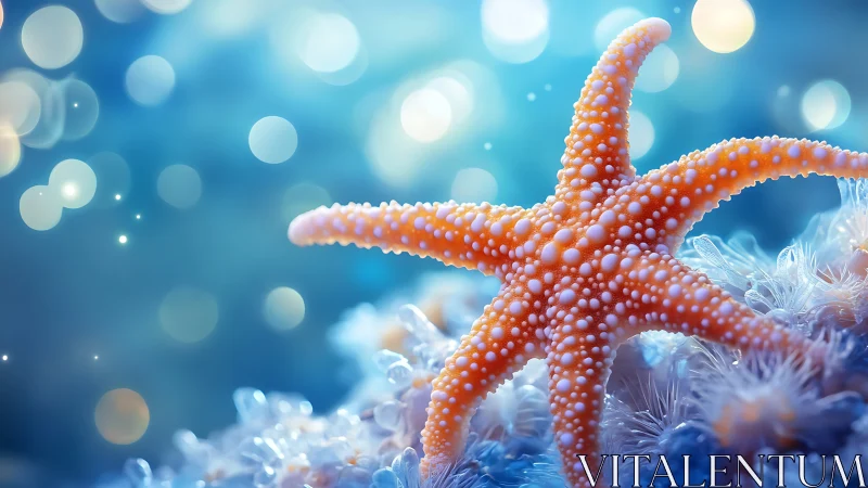 Orange starfish on blue seafloor with soft bokeh lights.