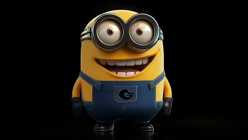 Yellow cartoon character stands smiling in blue overalls