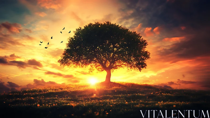 Solitary tree on hill against vivid orange sunset sky.