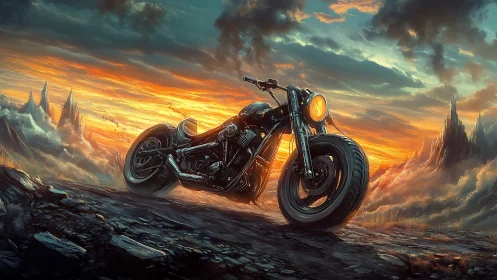 Custom motorcycle on rocky terrain at vivid sunset.
