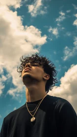 Young man in black shirt looks upward toward bright sky