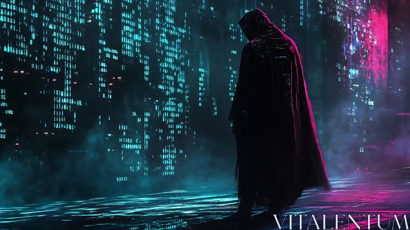 Hooded cyber figure in neon data rain with magenta haze.
