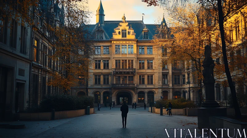 Historic courtyard building in warm autumn evening light.
