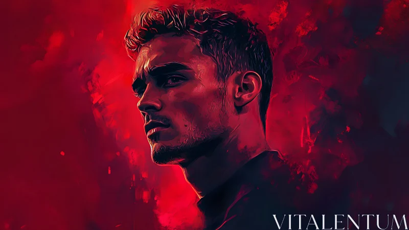 Brooding male portrait framed by intense crimson clouds.