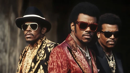 Three stylish men wear bold patterned suits and sunglasses