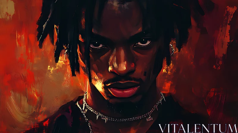 Intense digital portrait of man against vivid red abstraction