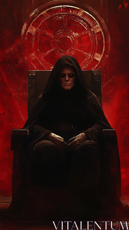 Dark hooded ruler seated on throne before red emblem.