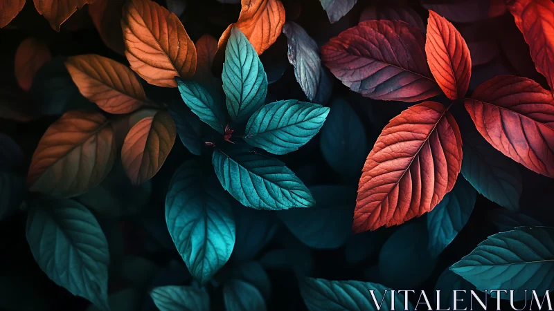 Color graded foliage with teal, orange and red leaves.