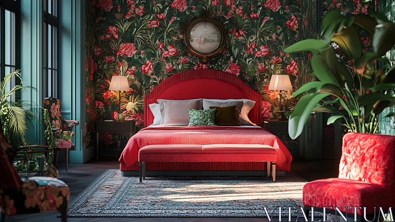 Red upholstered bed centered in florally patterned bedroom