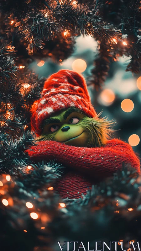 Green furry character in red sweater hides within lit tree