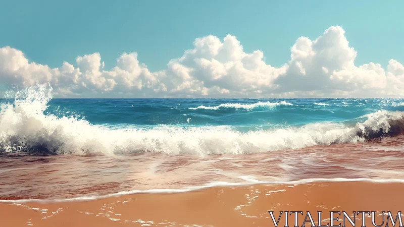 Breaking ocean waves roll onto wet sandy shoreline