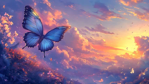Blue butterfly soars through luminous sunset cloudscape.