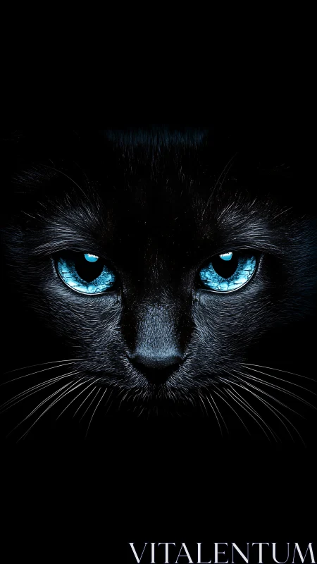 Black cat with piercing blue eyes glowing against darkness.