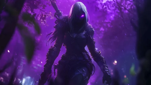 Stealth archer in iridescent armor advances through neon fog forest