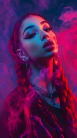 Neon-lit braided woman emerging through swirling vapor.