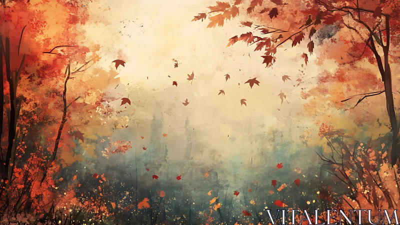 Autumn forest glows as wind lifts scattered crimson leaves.