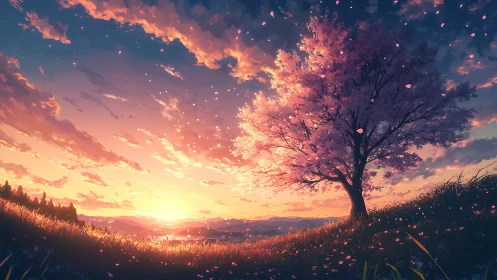 Spectral dusk illumination on solitary sakura tree hillside field.