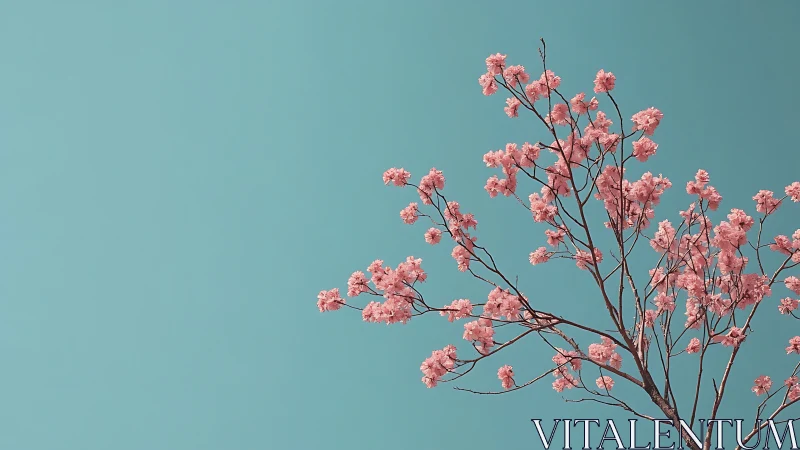 Delicate cherry blossoms on a branch against minimalist blue sky.