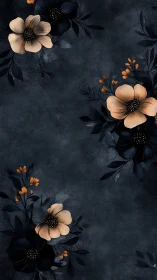 Dark Botanical Composition: Peach Flowers with Black Foliage and Orange Accents