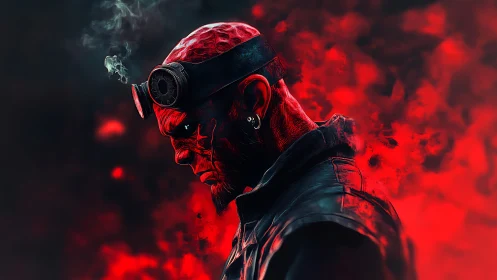 Cybernetic punk profile amid red particulate smoke field