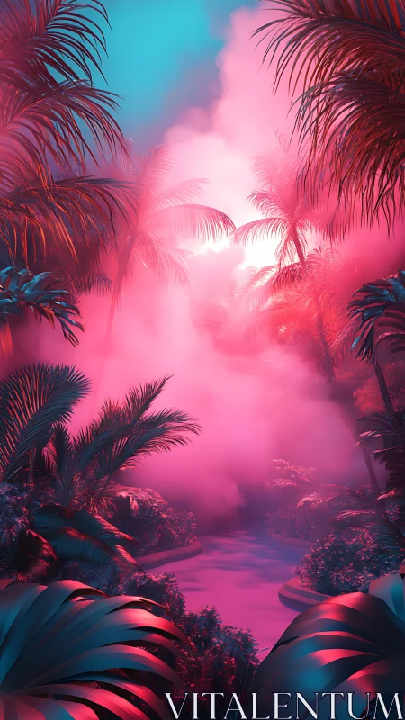 Neon tropical lagoon under glowing cyan and pink mist.