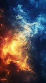 Cosmic nebula clash with fiery orange and deep cyan gradients.