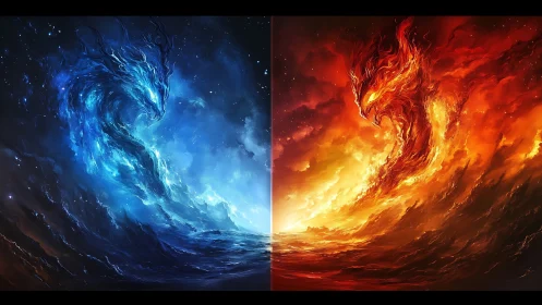 Elemental dragon duel in mirrored fire and water forms.