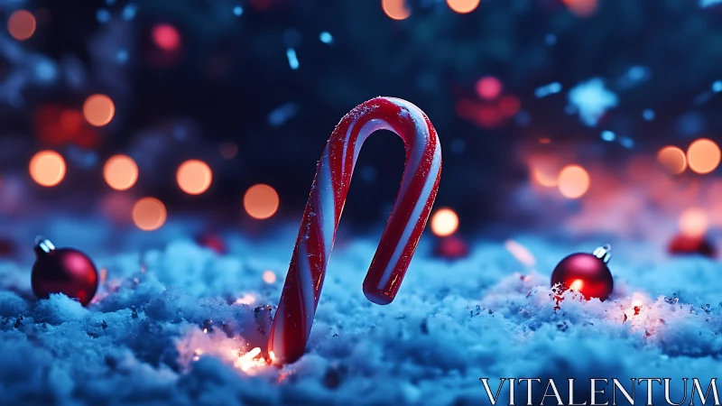 Candy cane in snow with defocused Christmas lights bokeh