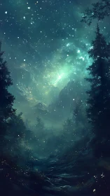 Starlit conifer forest under luminous teal nebula sky.