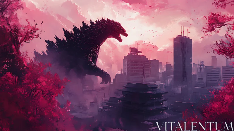 Giant reptilian monster towers over pink-tinted city skyline