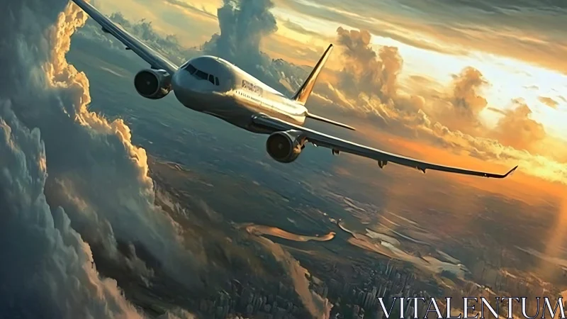 Sunlit airliner glides calmly above glowing evening clouds