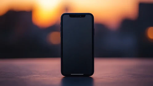 Dark smartphone glowing against golden sunset cityscape backdrop