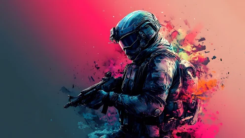 Futuristic soldier emerges through explosive neon color field.