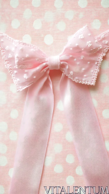 Pink satin bow on pale polka dot textile background.
