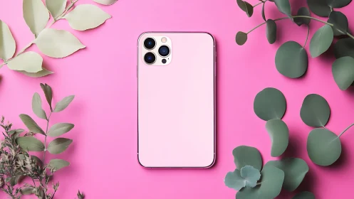 White iPhone 12 Pro displayed on bright pink background with botanical styling