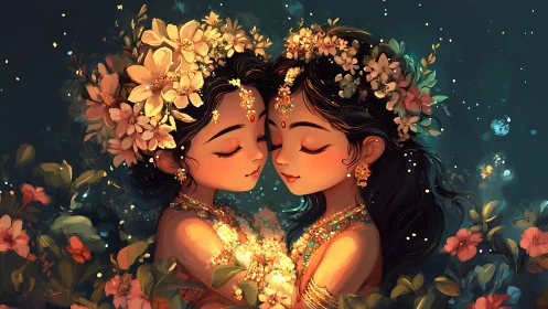 Sisters adorned in golden light beneath a cosmic flower garden
