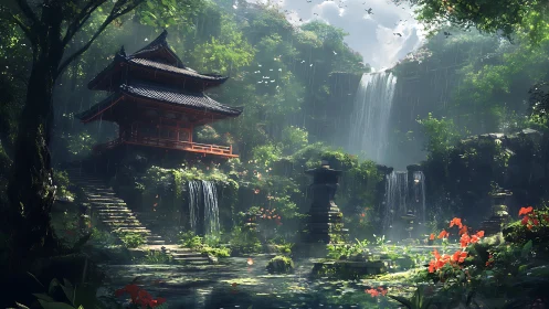 Rain-soaked pagoda amid tiered waterfalls and dense foliage.