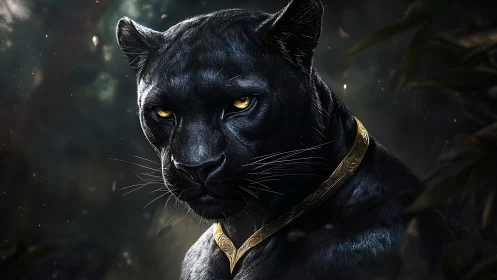 Black Panther Portrait with Golden Eyes and Ornamental Collar
