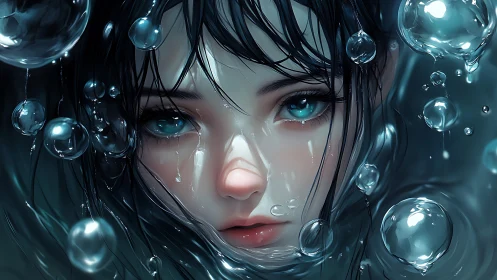 Digital portrait of submerged girl with luminous blue eyes.