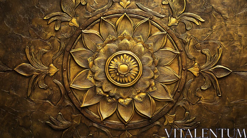 Gold relief mandala shows layered petals and floral ornament