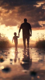 Sunlit footsteps trace a quiet father child rainwalk story.