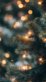 Golden bokeh lights weaving through evergreen fir needles.